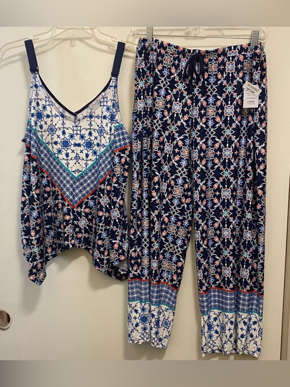 Linea Donatella 2 Pc Pajamas Set L Large Tank Top Wide Leg Pants Blue Boho NWT